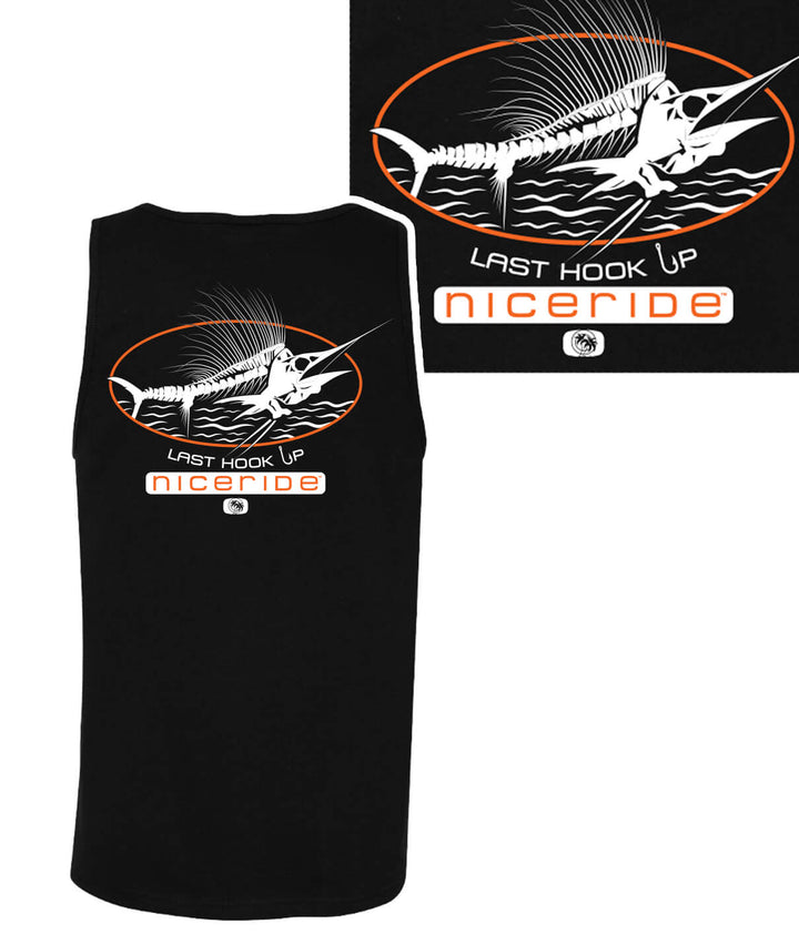 Last Hook Up tank top featuring NICERIDE logo and fish graphic, perfect for fishing enthusiasts.