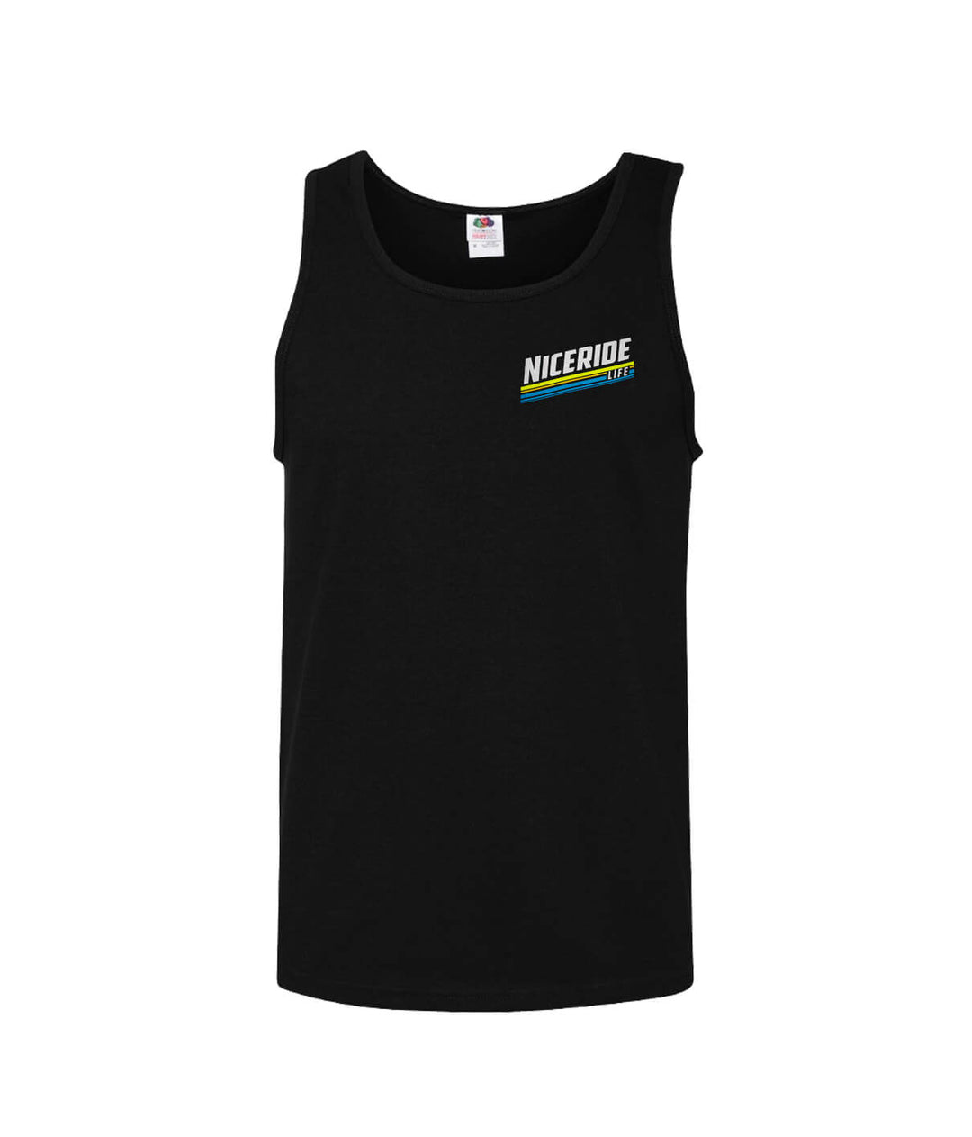 Black Fruit Of The Loom tank top featuring NICERIDE logo on chest, perfect for men and teen boys.