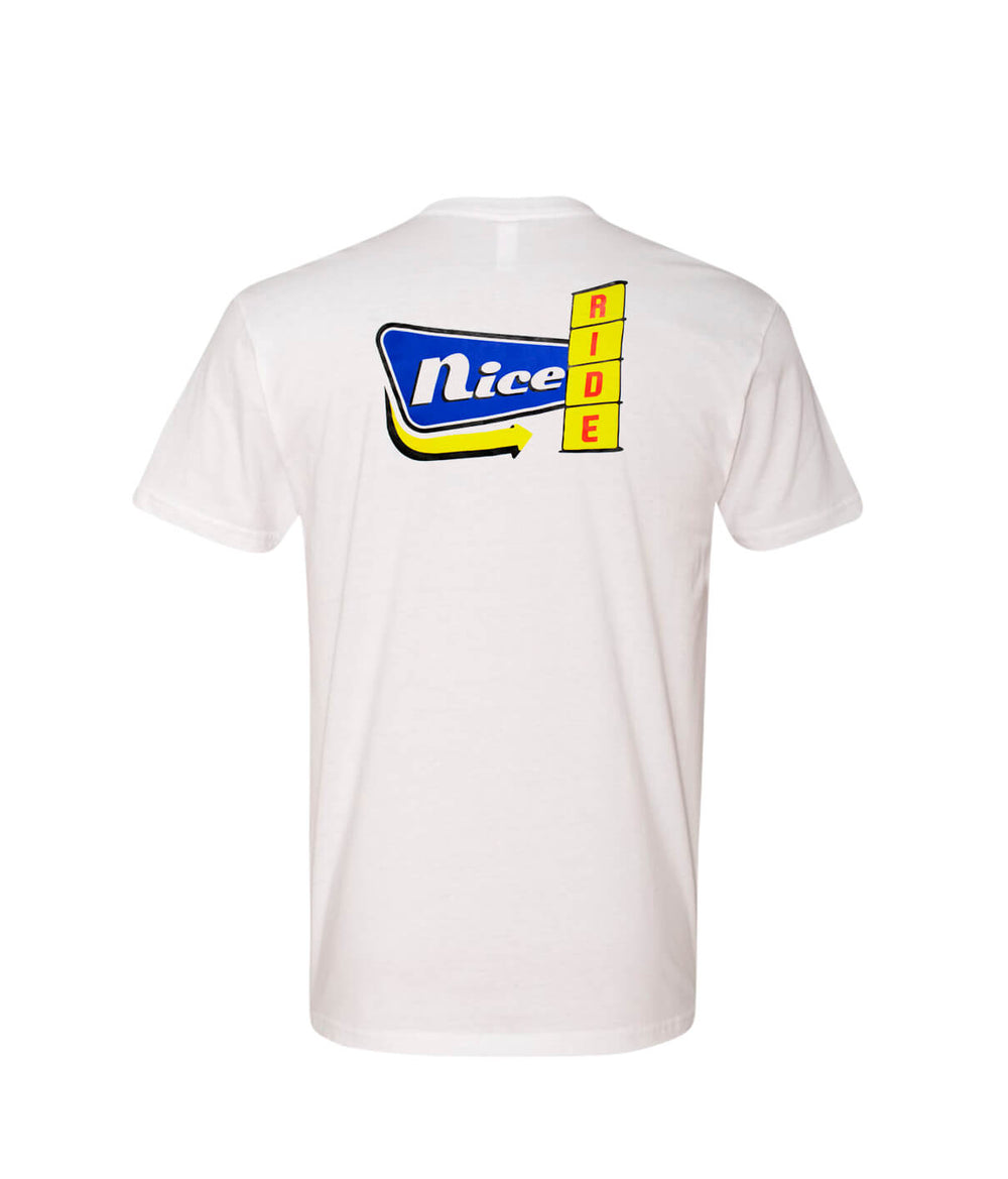 Men's white shirt featuring the NICERIDE design on the back with colorful graphics.