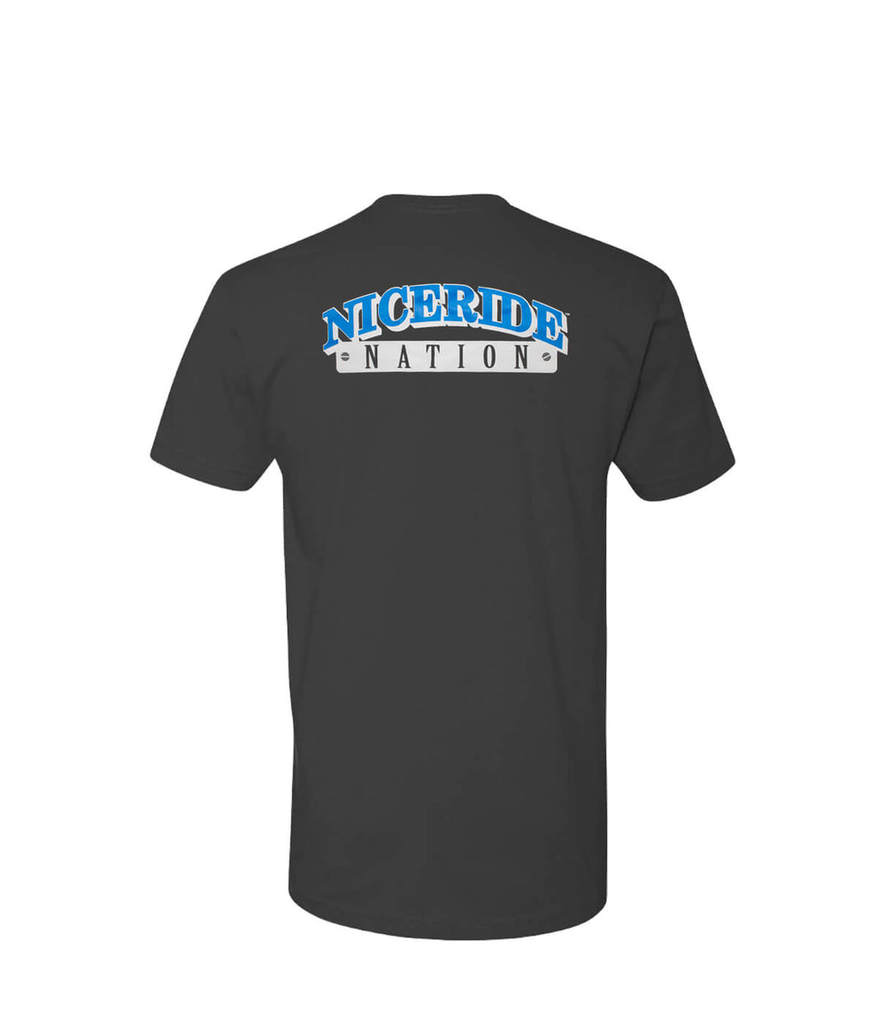 Back view of The Junction gray shirt featuring NICERIDE NATION design in blue and white on a short sleeve t-shirt.