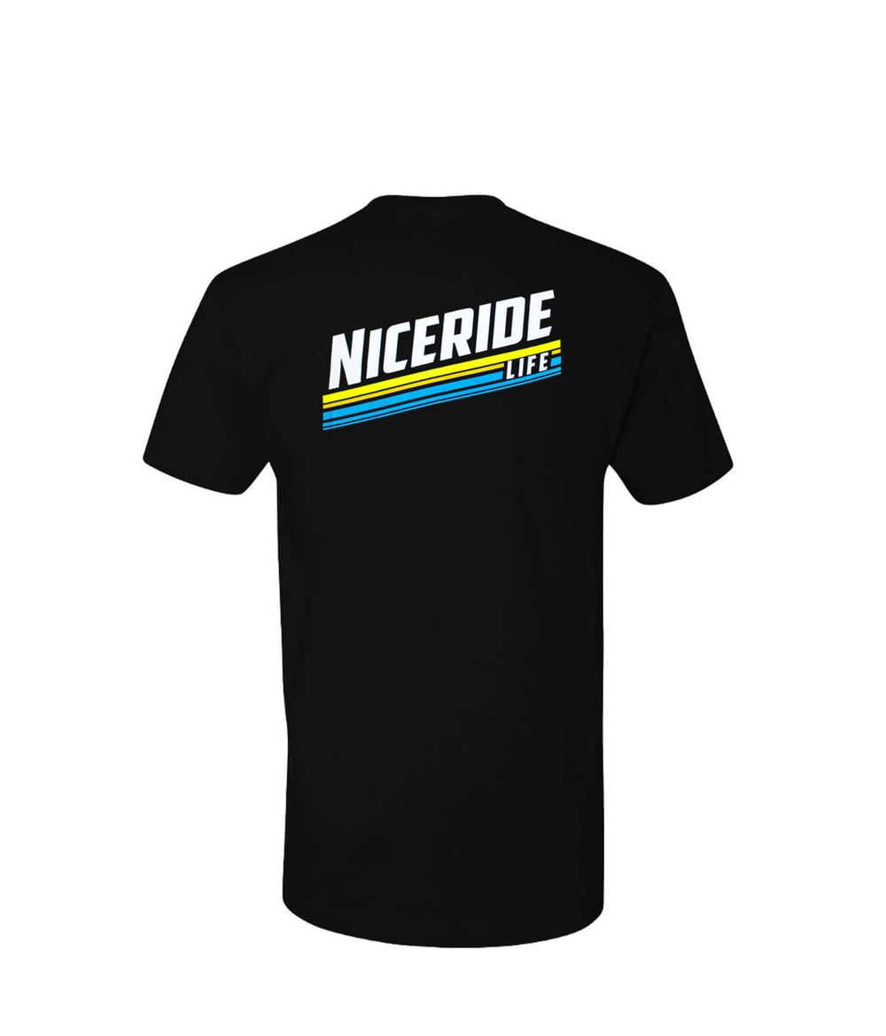 Back view of a black men's shirt featuring the NICERIDE design, perfect for casual occasions and everyday wear.