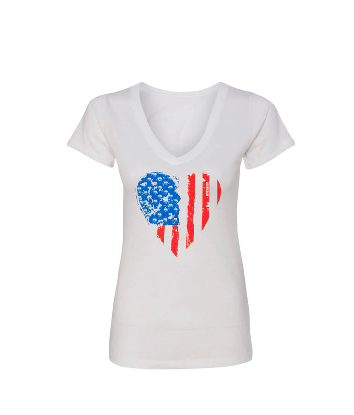 Heartbeat shirt featuring American flag design on a soft white V-Neck Women&