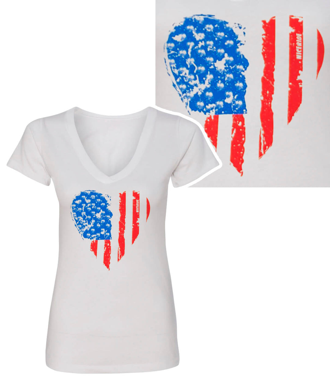 Heartbeat - Next level Women's V-Neck Shirt featuring an American flag heart design in blue and red on soft white fabric.