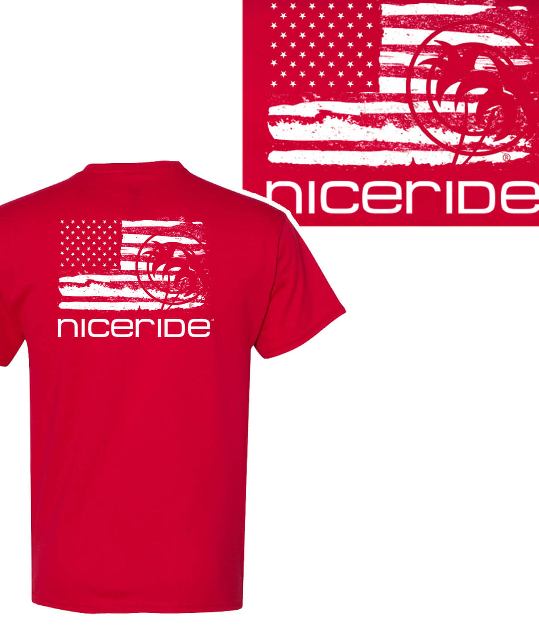 Strong Faded shirt featuring the American flag and NICERIDE logo on a red Hanes Men&