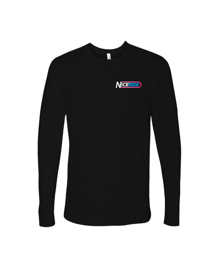shirt featuring NICE RIDE logo on front, black long sleeve design for men, 100% cotton material.