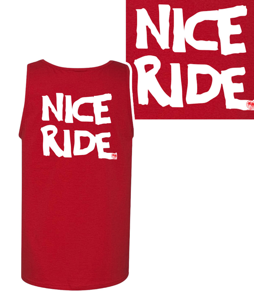 CR RIDE red 100% cotton men's tank top featuring NICE RIDE logo on back and chest.