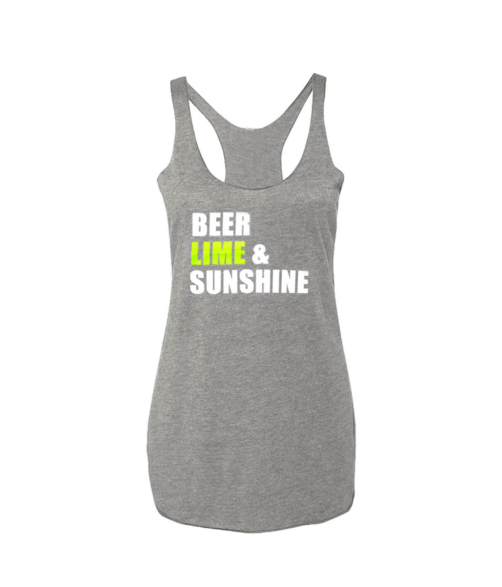 Beer, Lime & Sunshine women's vintage style tank top in grey color with racerback design.