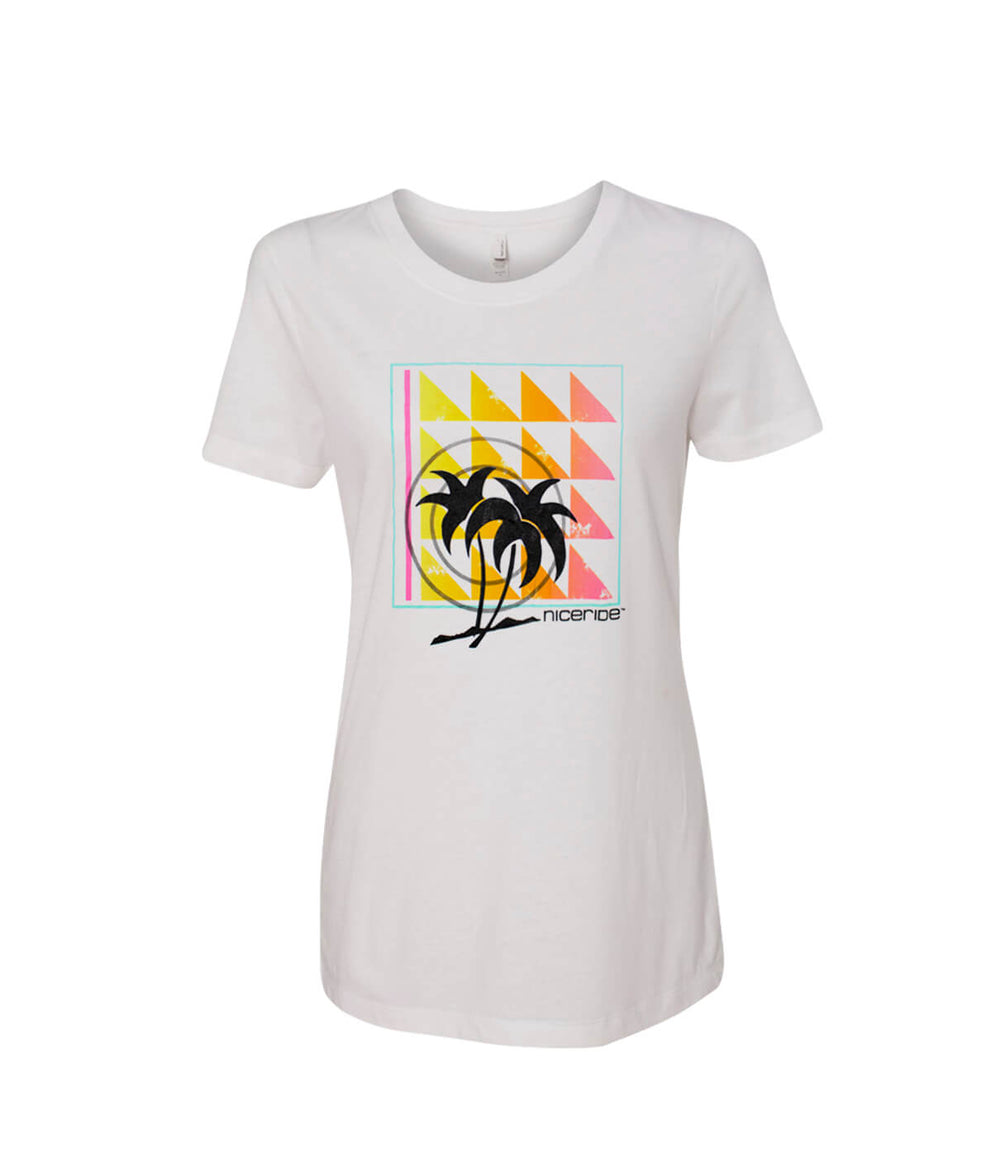Valley Girl - White Next Level Women's Crew Neck T-Shirt featuring palm design with NICERIDE logo.