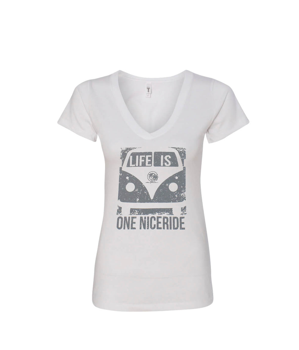 San Elijo women's v-neck shirt featuring 'Life Is One NICERIDE' design, soft 60/40 blend fabric.