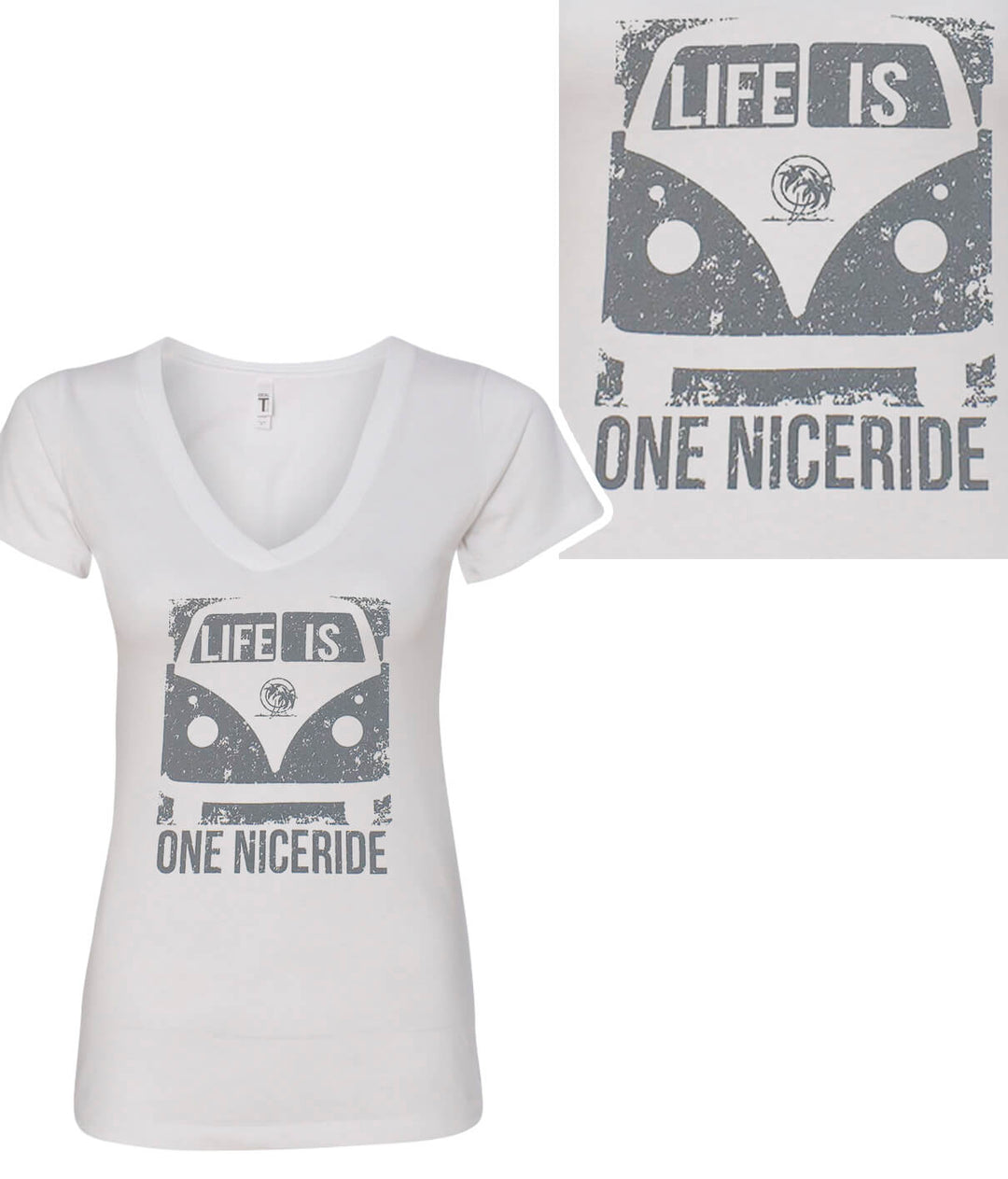 San Elijo Women's V-Neck Shirt with 'Life Is One Niceride' design printed on the front.