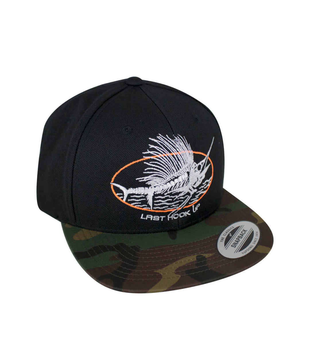 Last Hook Up camo flatbill snapback hat featuring embroidered design and classic palm logo.