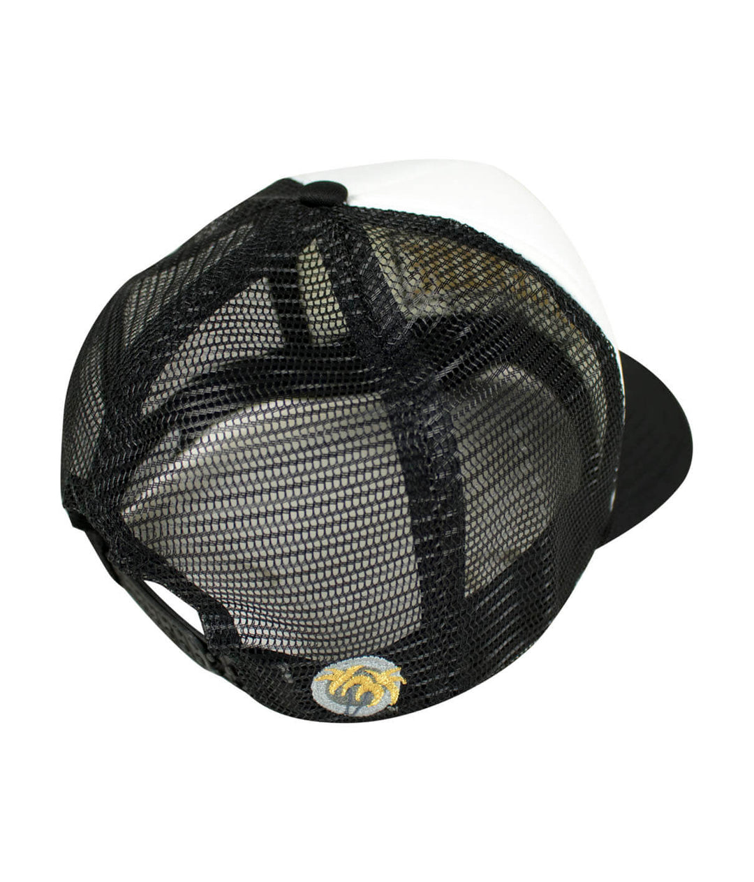 Back view of a Foam Trucker Hat featuring black mesh and embroidered palm logo, perfect for stylish hat lovers.