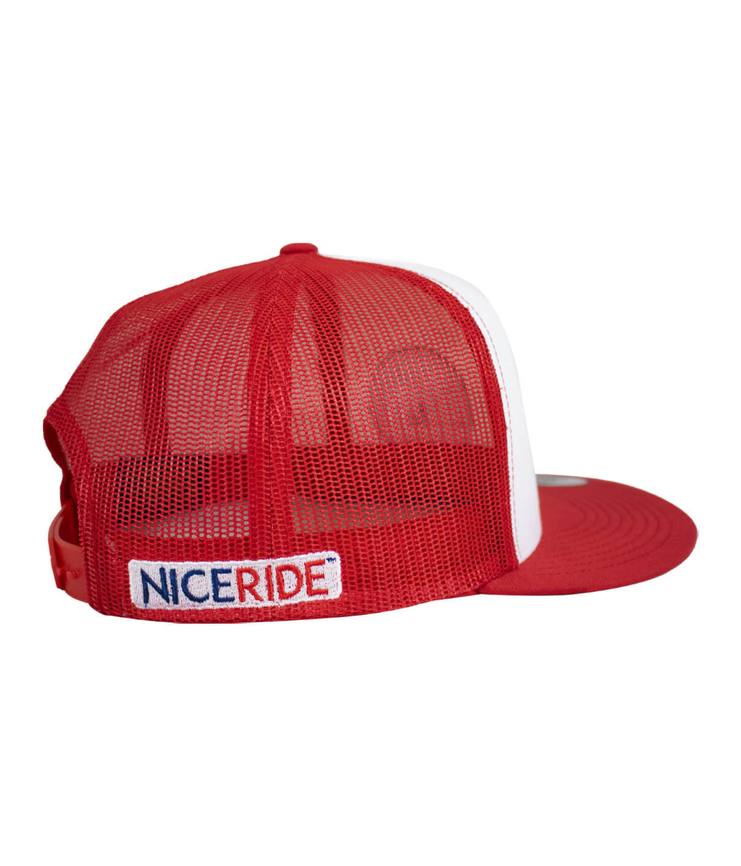 Back view of the Spirit of 76-LP Trucker Hat with NICERIDE logo, featuring red and white colors, a classic snapback design.
