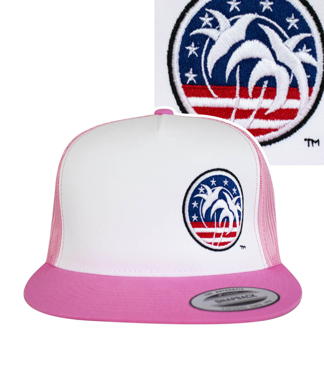 Spirit of 76-LP Trucker Hat featuring palm tree logo and pink brim, perfect summer accessory hat.