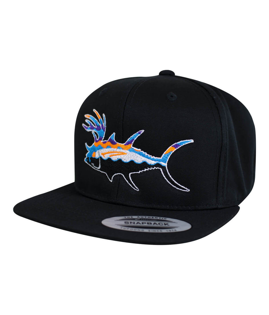 Buck-Eye Explorer Unisex Youth Snapback Hat featuring a colorful fish embroidery, perfect for outdoor activities and summer fun.