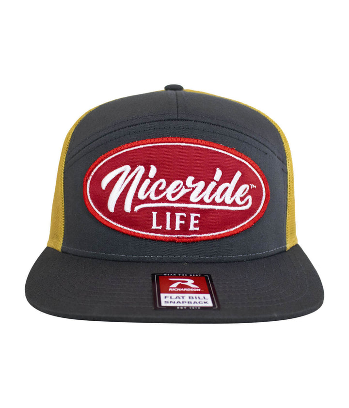 HorserPower Patch 7 Panel Trucker Snapback Hat For Men And Women, gray and yellow, with embroidered NICERIDE logo.