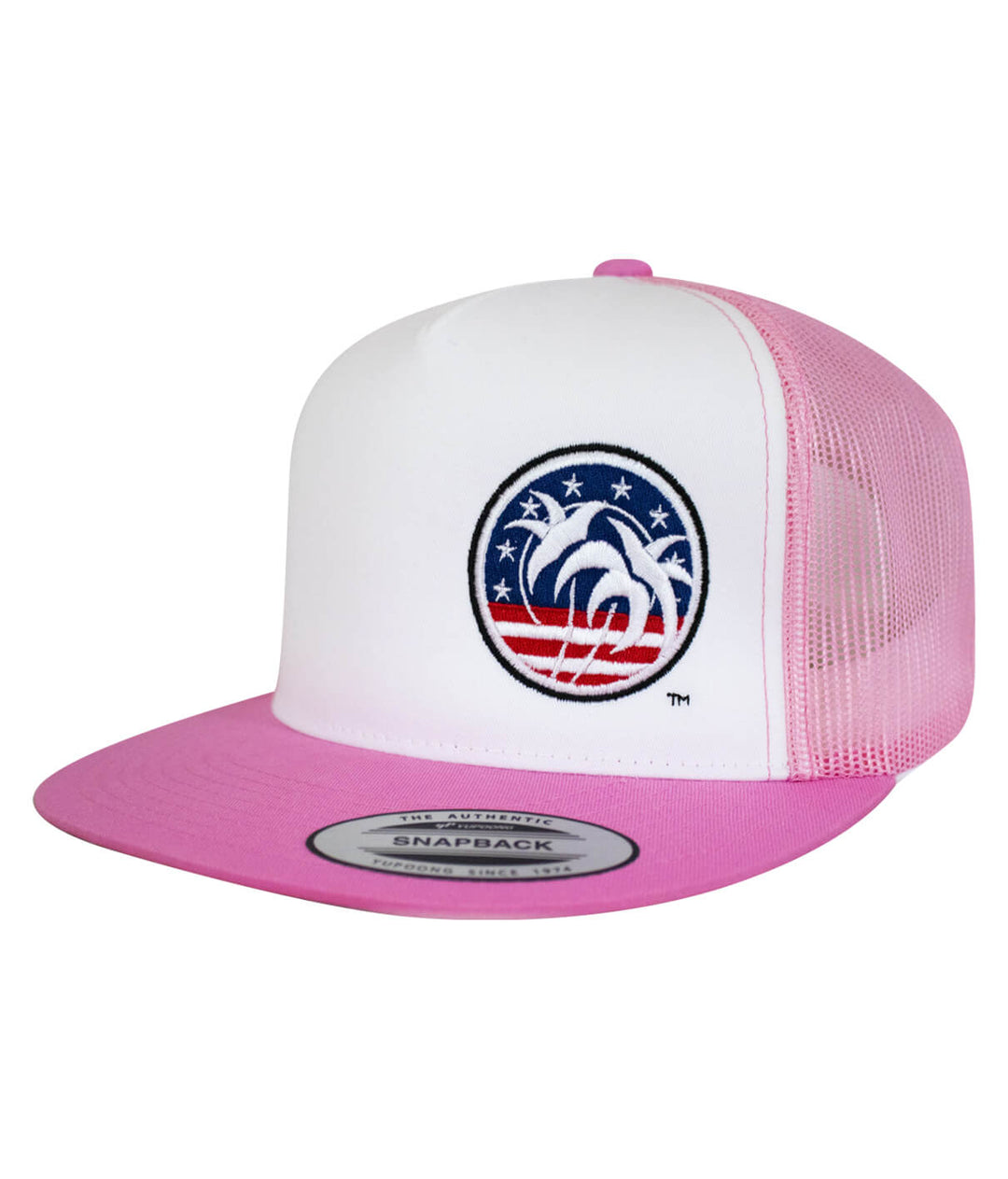 Spirit of 76-LP Trucker Hat with pink brim and palm tree design, classic snapback hat style for outdoor wear.