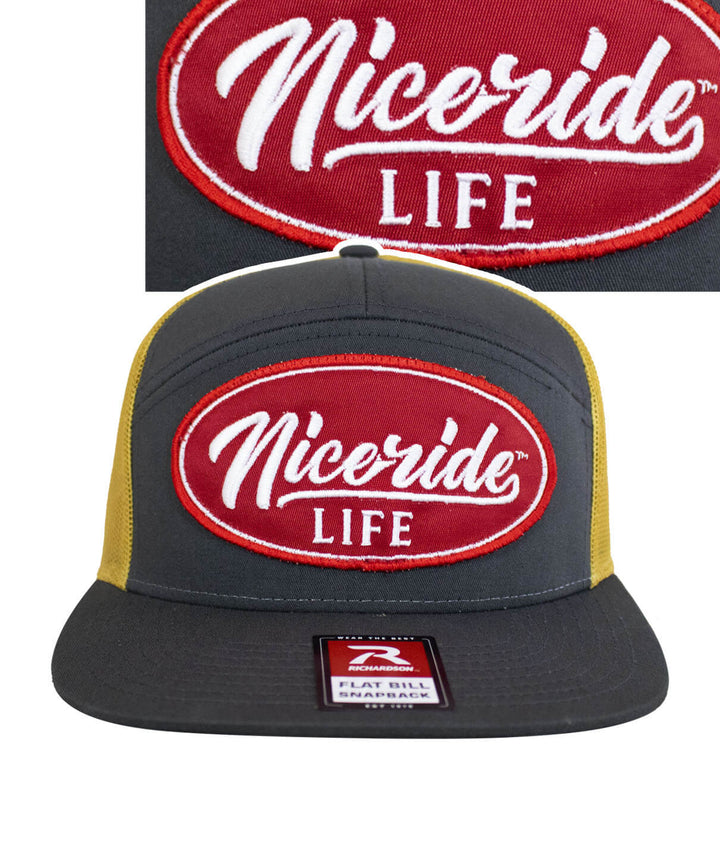 HorserPower Patch 7 Panel Trucker Snapback Hat For Men And Women with NICERIDE logo and red patch design.