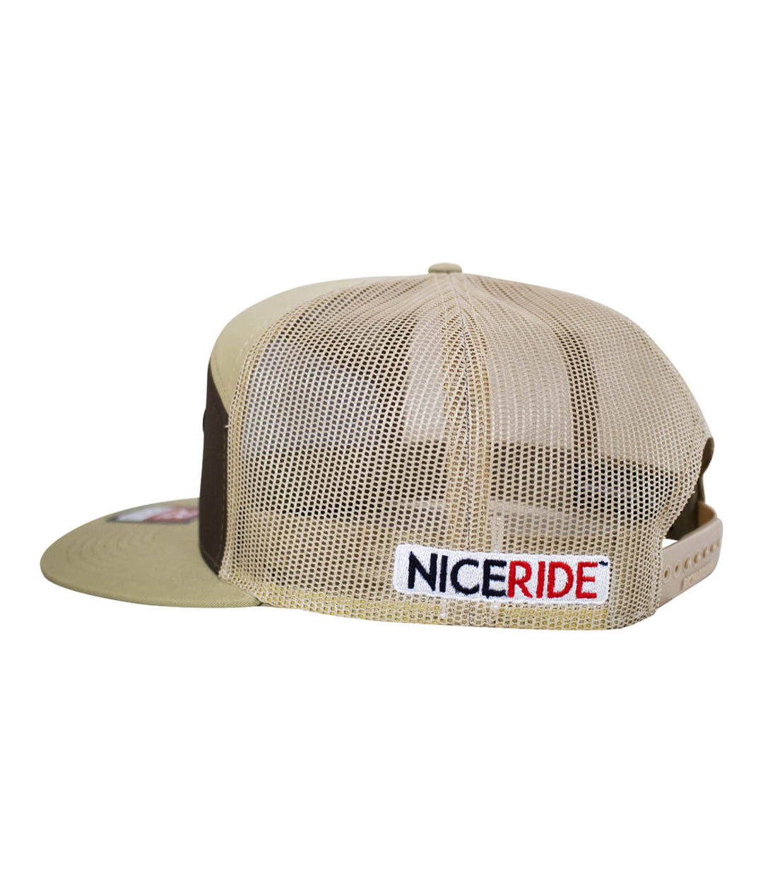 Rojo Negro Patch 7 Panel Trucker Snapback Hat for Men and Women, showing NICERIDE logo on mesh back.