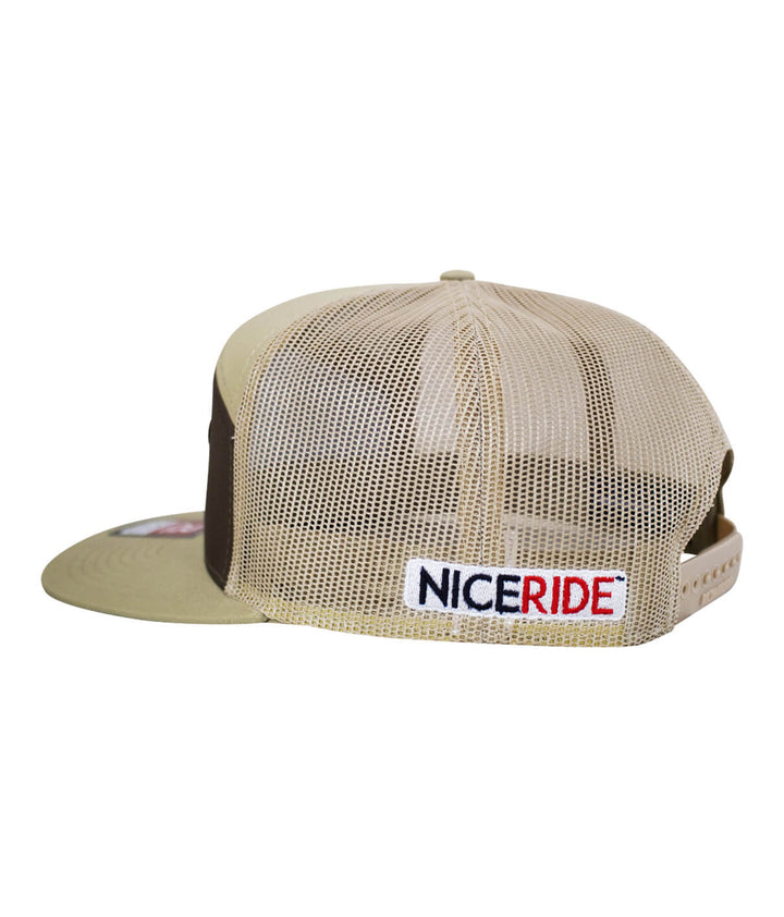 Rojo Negro Patch 7 Panel Trucker Snapback Hat for Men and Women, showing NICERIDE logo on mesh back.