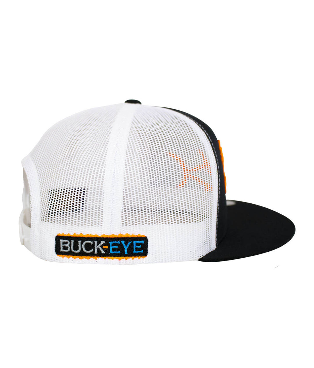 Side view of "Buck-Eye 3-D" unisex snapback trucker hat with mesh back and black visor showing embroidery.