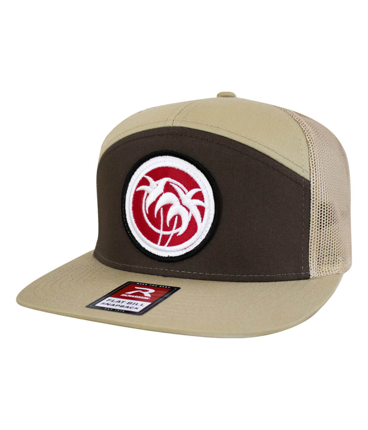 Rojo Negro Patch 7 Panel Trucker Snapback Hat For Men And Women, featuring embroidered design and meshback.