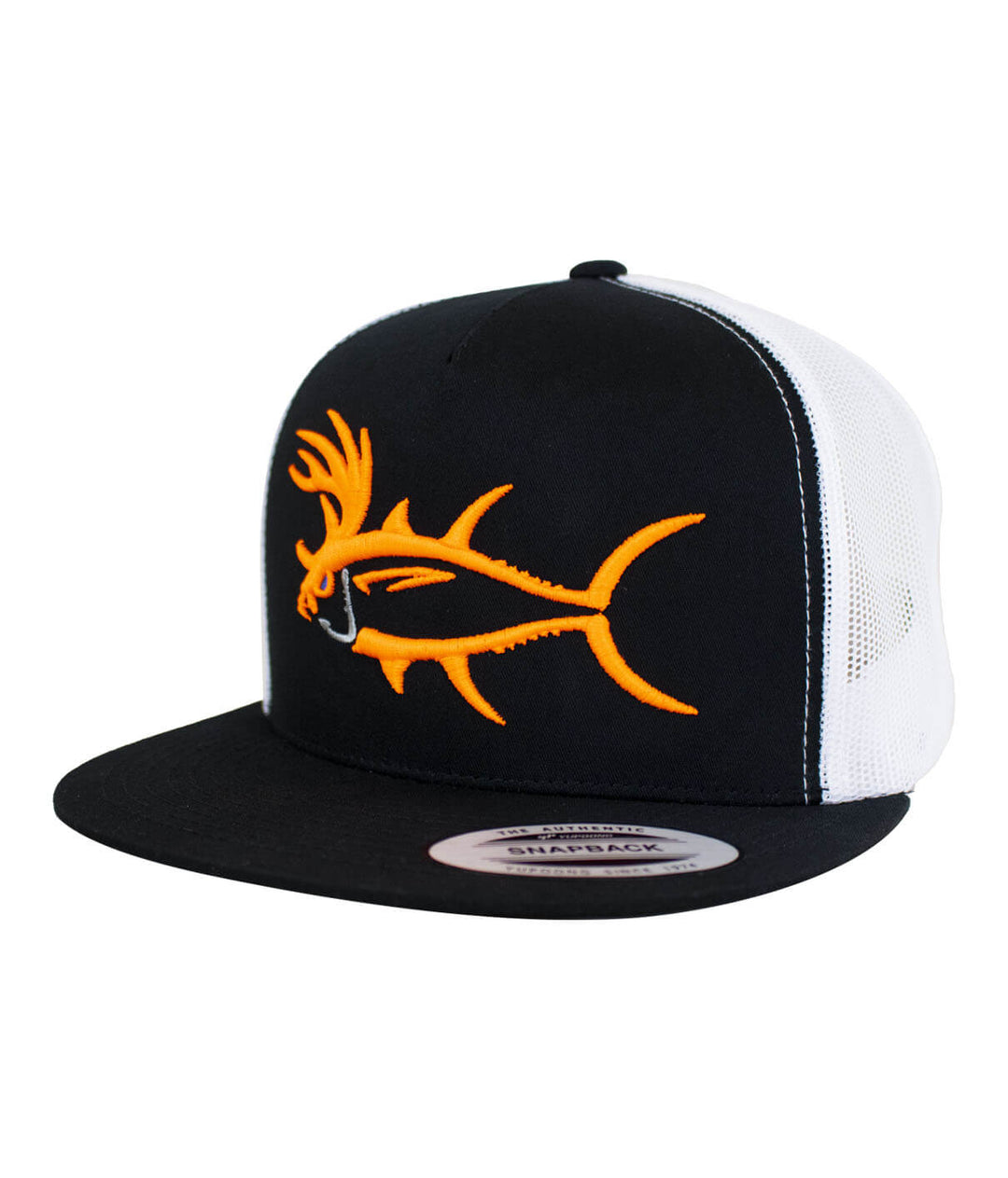Buck-Eye 3-D unisex snapback trucker hat featuring an embroidered fish design in orange and black.