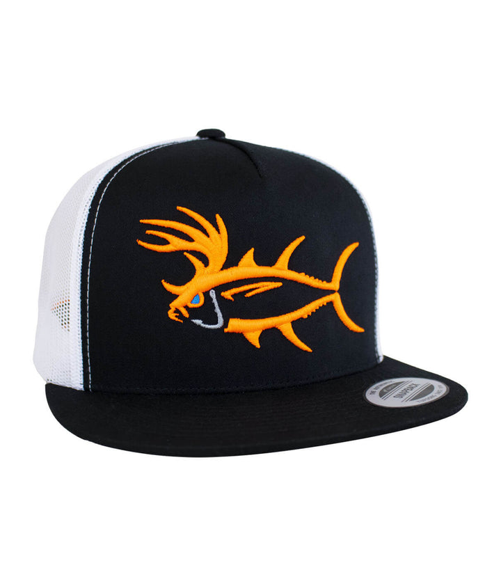 Buck-Eye 3-D Unisex Snapback Trucker Hat in Black and White with Embroidered Design, perfect for casual wear.