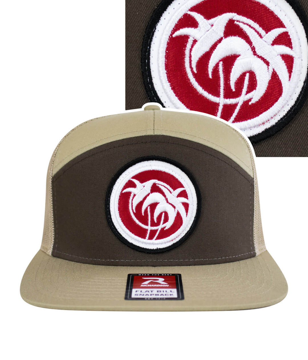 Rojo Negro Patch 7 Panel Trucker Snapback Hat for Men and Women with embroidered logo on front and meshback design