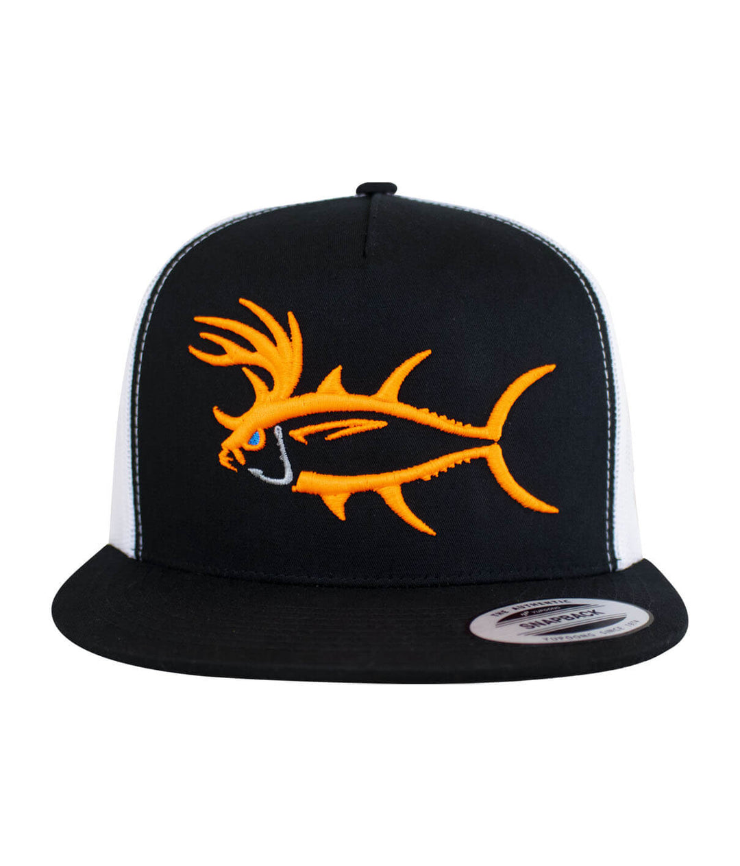 Buck-Eye 3-D unisex snapback trucker hat with embroidered fish design in orange and black.