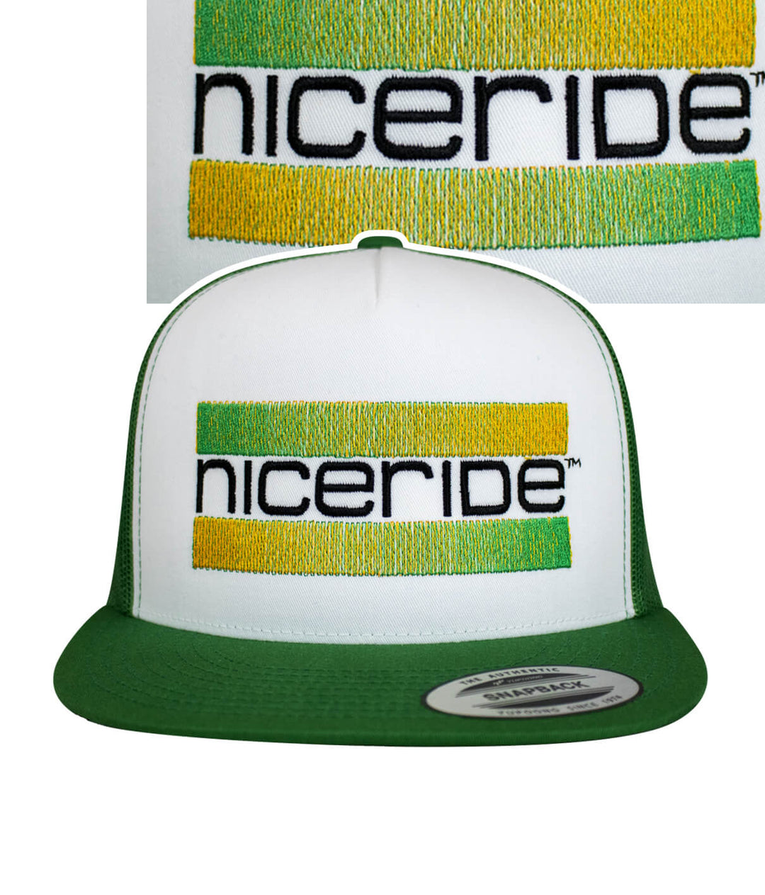 Cali Life red and green trucker hat featuring NICERIDE logo embroidered on the front panel, perfect stylish hat for casual wear.