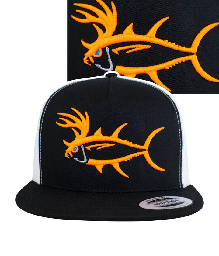 Buck-Eye 3-D hat featuring vibrant orange fish embroidery on black front panel, classic snapback design.