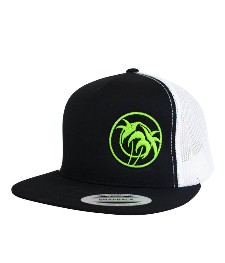 Verde Palm trucker hat with black front and white mesh back, featuring neon green palm design, classic snapback style hat.