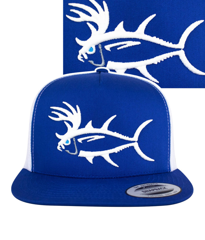 Buck-Eye 3-D unisex snapback trucker hat in blue featuring embroidered fish design.