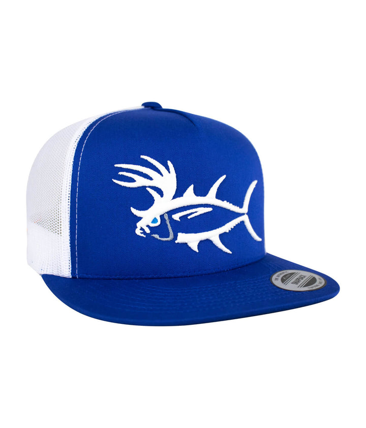 Blue and white unisex snapback trucker hat featuring a fish graphic design on the front, ideal for outdoor activities.
