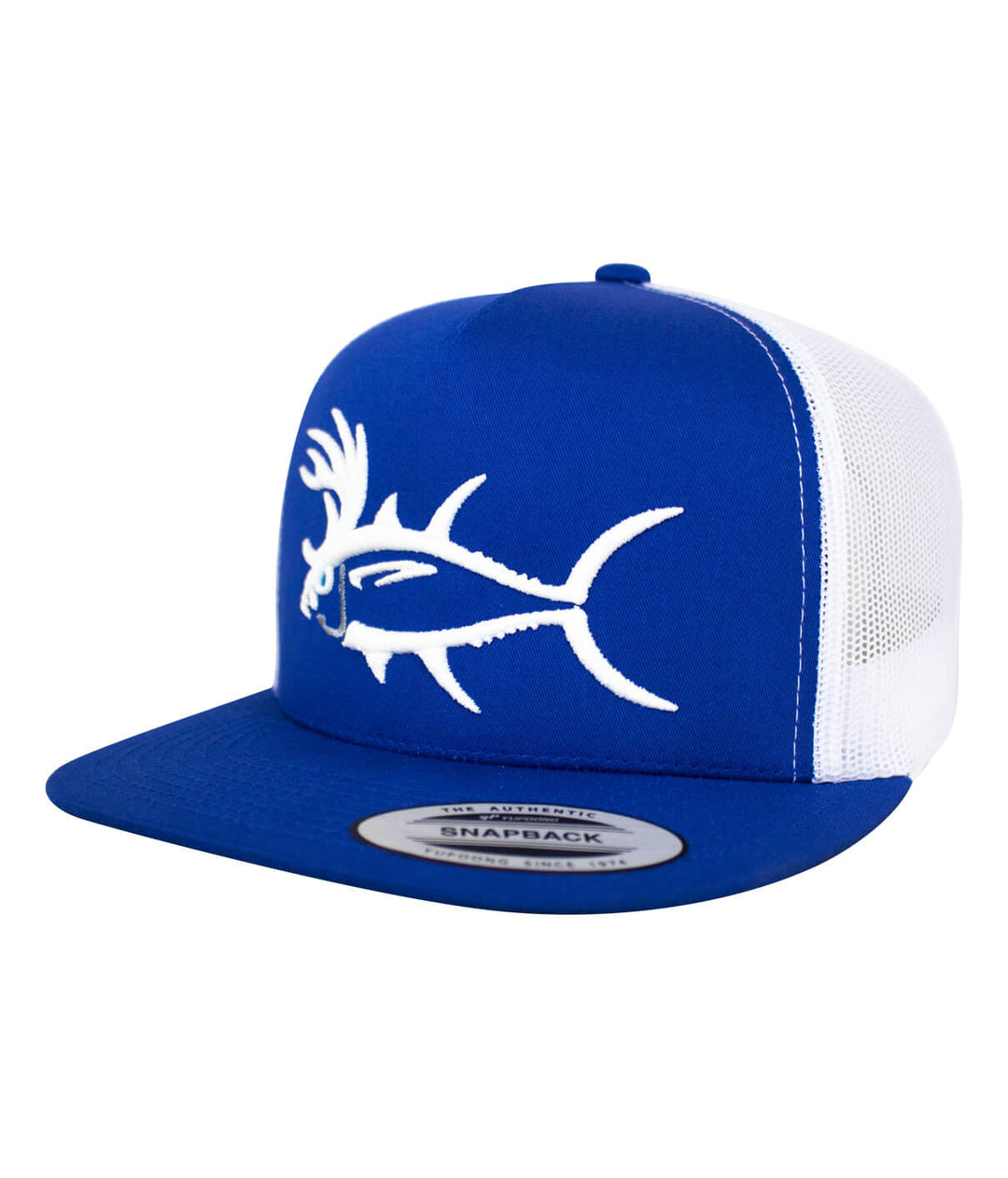 Buck-Eye 3-D Unisex Snapback Trucker Hat in blue featuring embroidered fish design and mesh back.