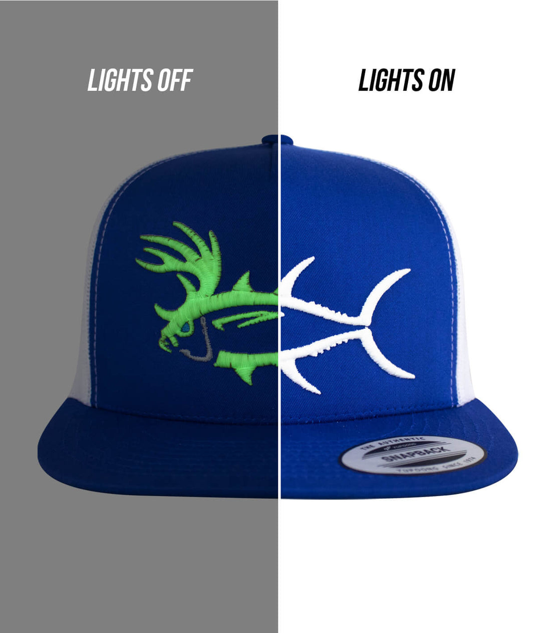 Buck-Eye 3-D Unisex Snapback Trucker Hat with glowing design, lights off and on contrast