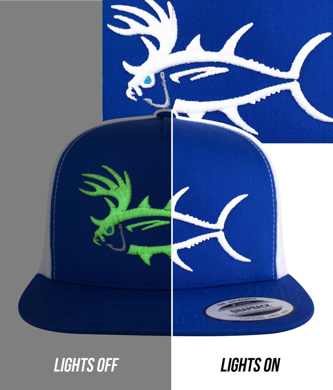 Buck-Eye 3-D unisex snapback trucker hat with glow thread, showing design lights off and lights on.