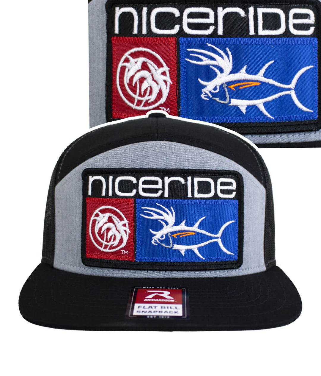 NICERIDE Buck-Eye Combo Patch 7-panel trucker hat with detailed embroidery and flat bill design for men and women.