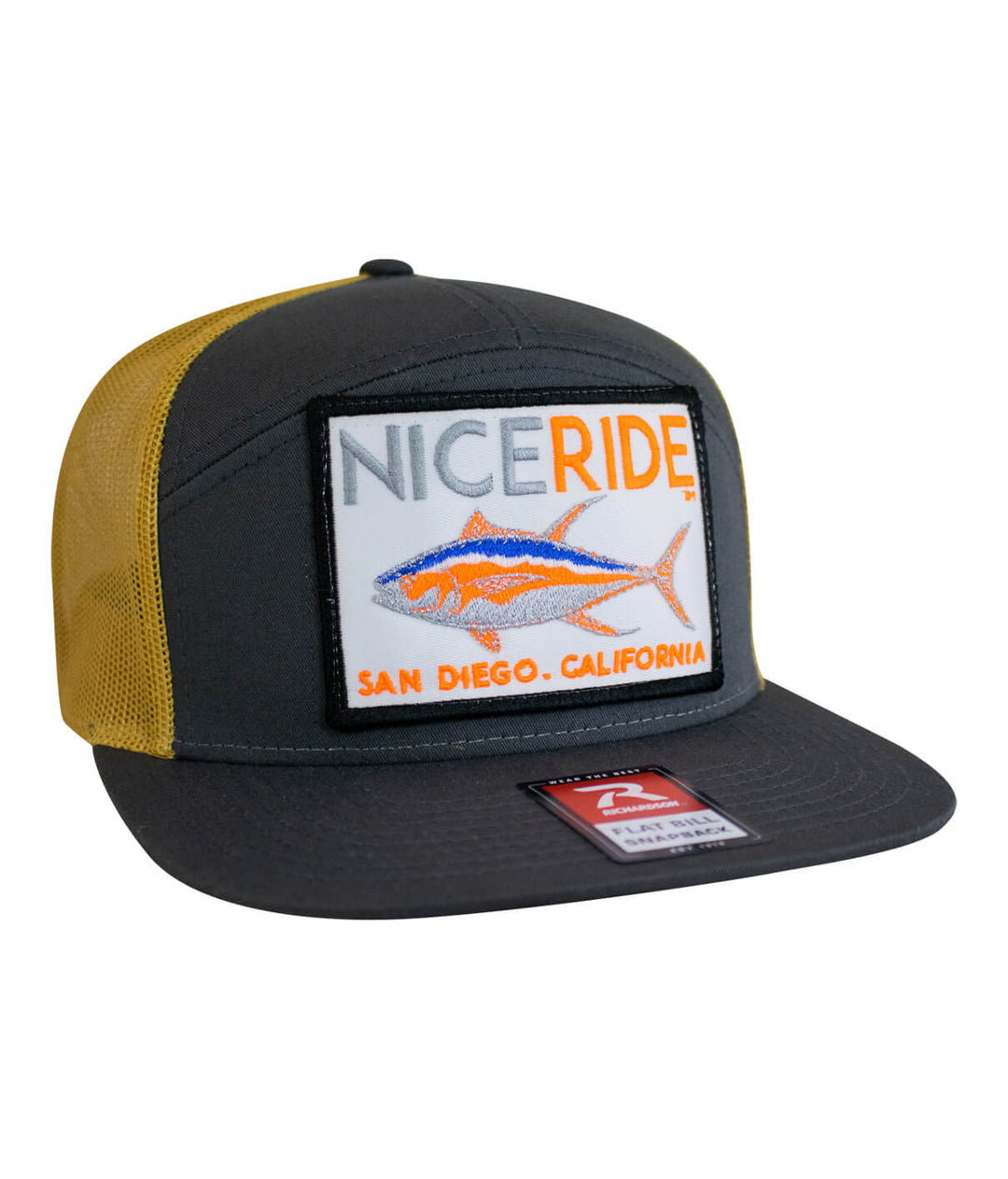 Sorry Charlie Patch 7 Panel Trucker Hat featuring NICERIDE logo and palm design, a stylish hat for casual wear.