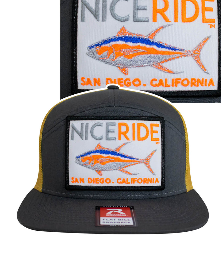 Sorry Charlie Patch 7 Panel Trucker Hat by NICERIDE with embroidered design and flat bill.