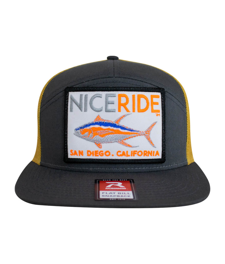 Sorry Charlie Patch 7 Panel Trucker Hat with NICERIDE design, embroidered for style and comfort.