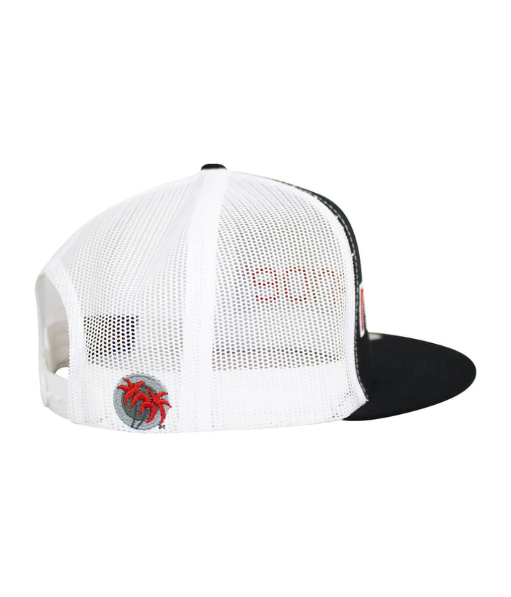 Side view of the Bold Tower trucker hat, showcasing embroidered design and mesh back, perfect for stylish sun protection.