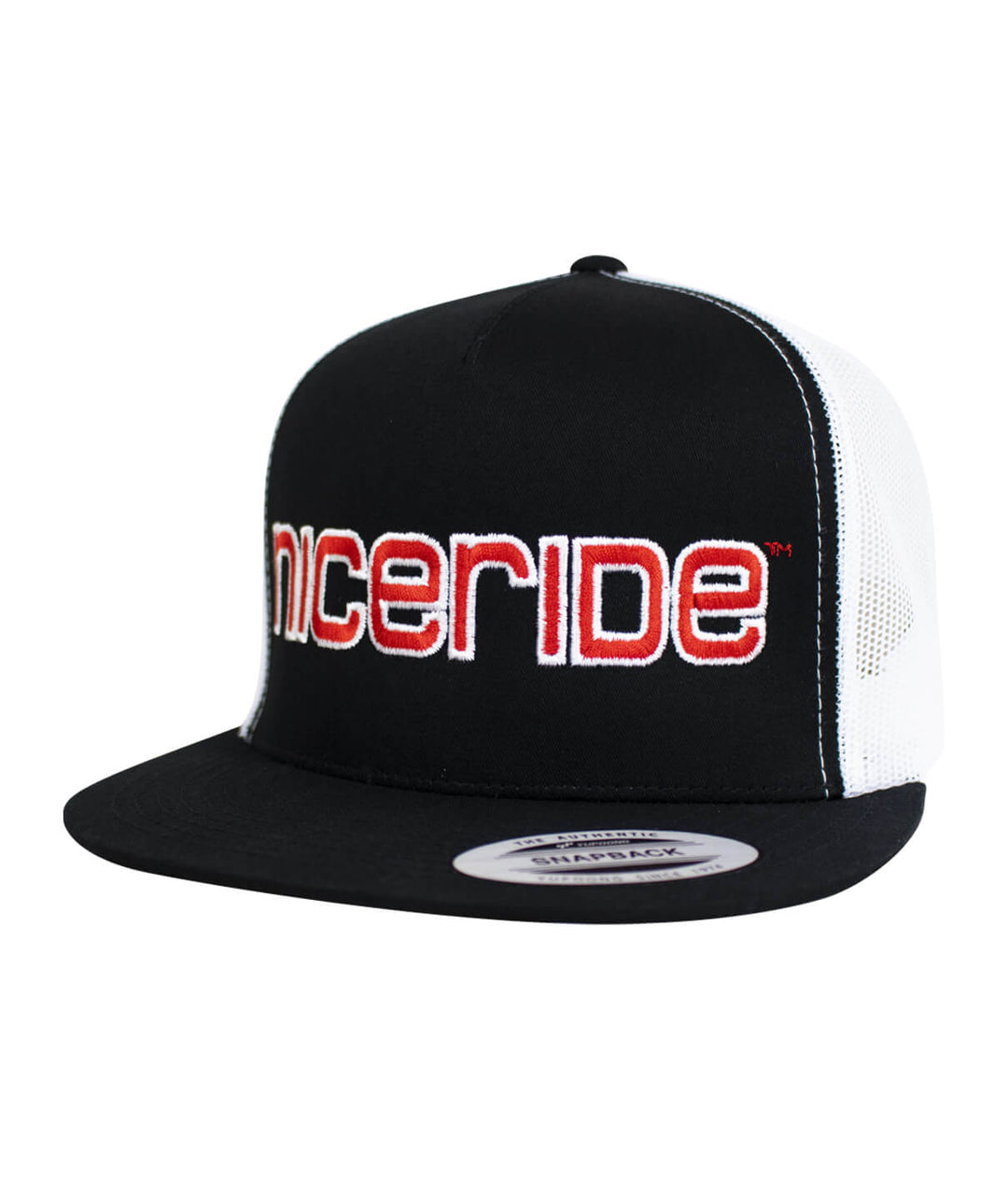 NICERIDE Bold Tower trucker hat featuring embroidered design, black front, and white mesh sides, stylish hat for any occasion.