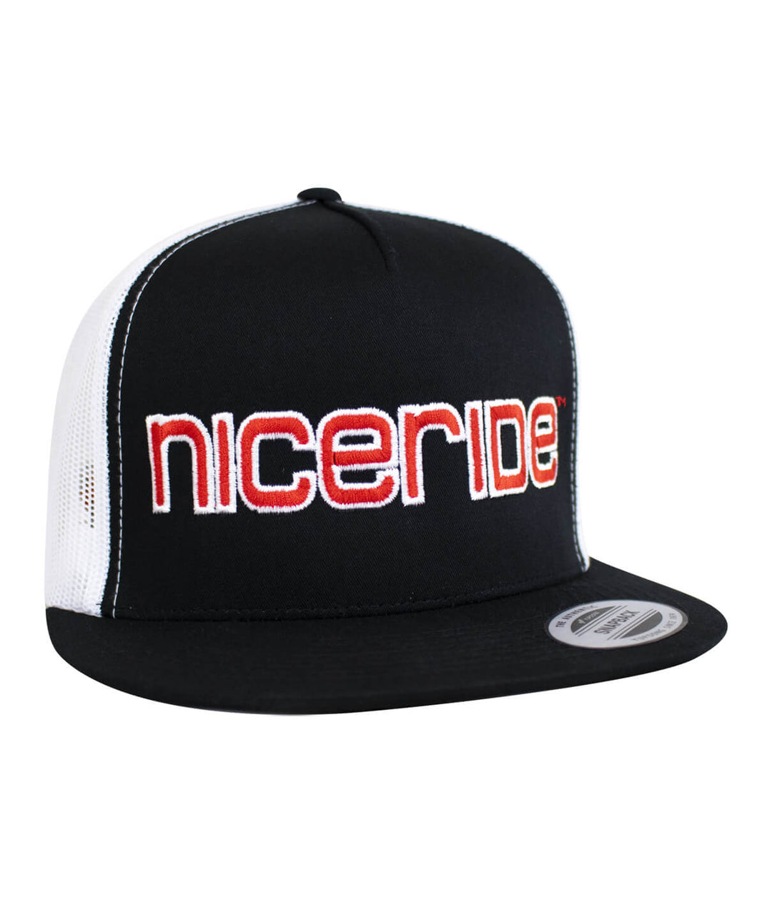 Bold Tower trucker hat featuring NICERIDE branding and blacked out palm logo, perfect stylish hat for any occasion.
