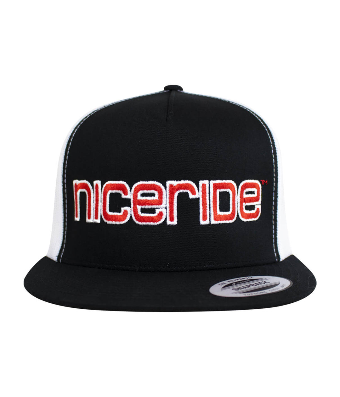 Black and white NICERIDE trucker hat featuring embroidered logo, perfect stylish hat for casual wear.