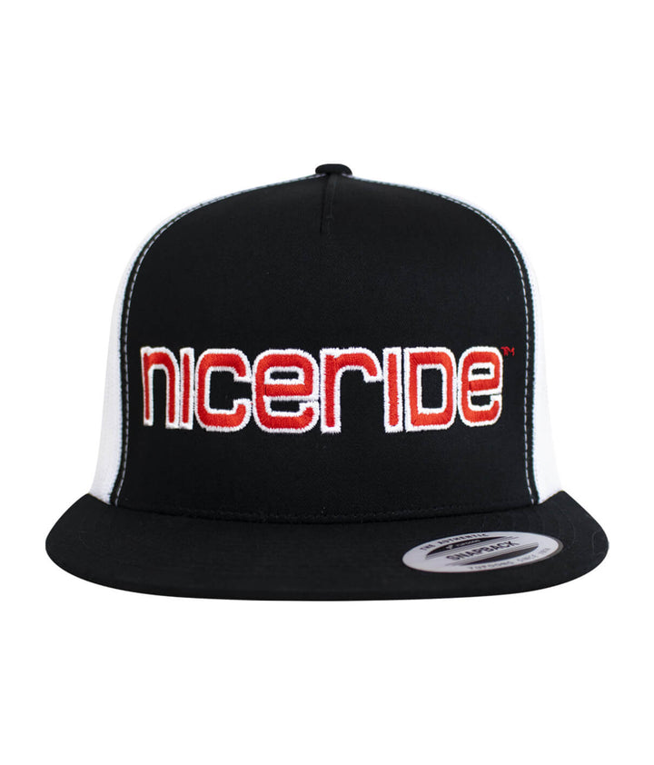 Black and white NICERIDE trucker hat featuring embroidered logo, perfect stylish hat for casual wear.