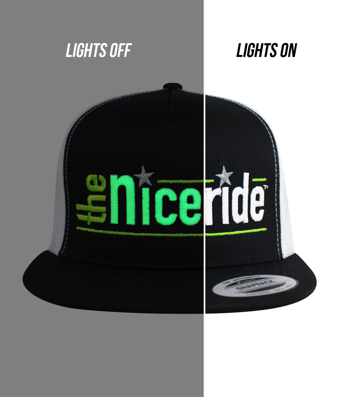 Banjo trucker hat with embroidered NICERIDE logo, showing lights on and off variants.