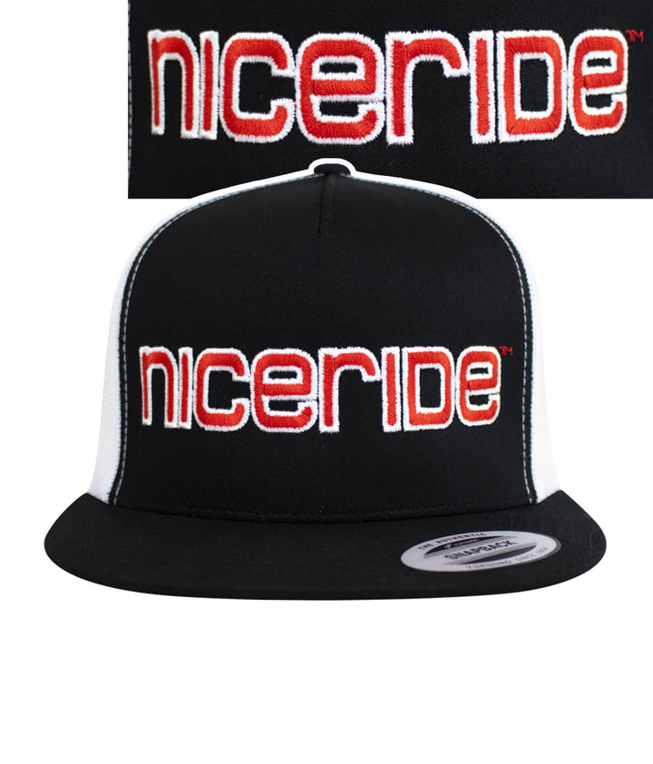 NICERIDE embroidered logo on a black and white classic snapback trucker hat, perfect for a stylish hat option.
