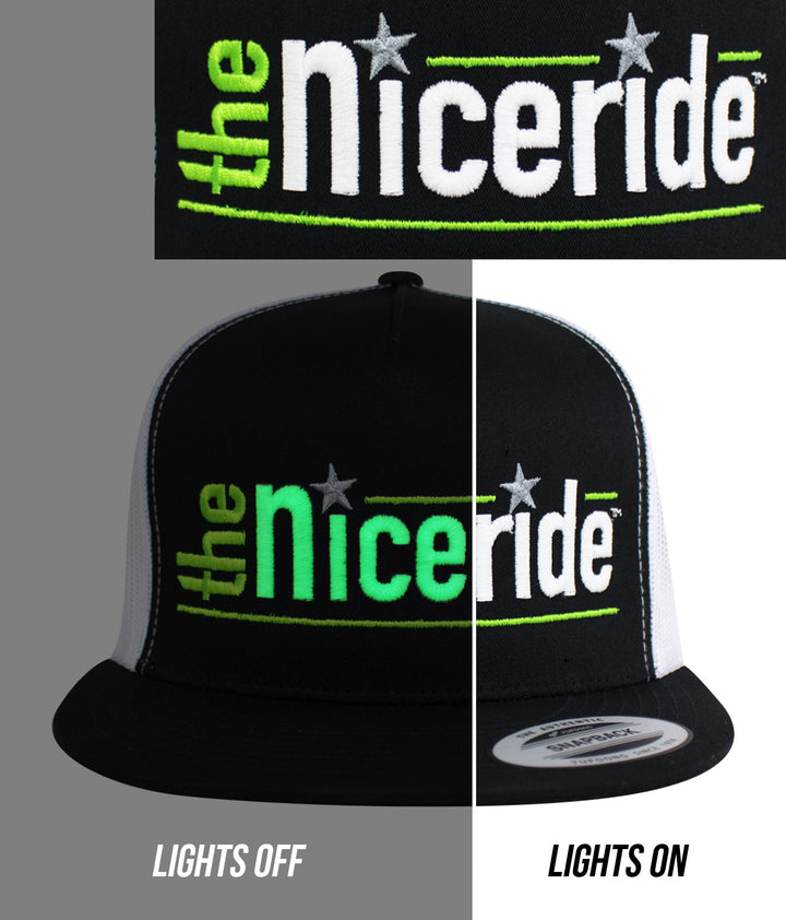 NICERIDE embroidered hat showcasing the design in lights off and lights on settings.